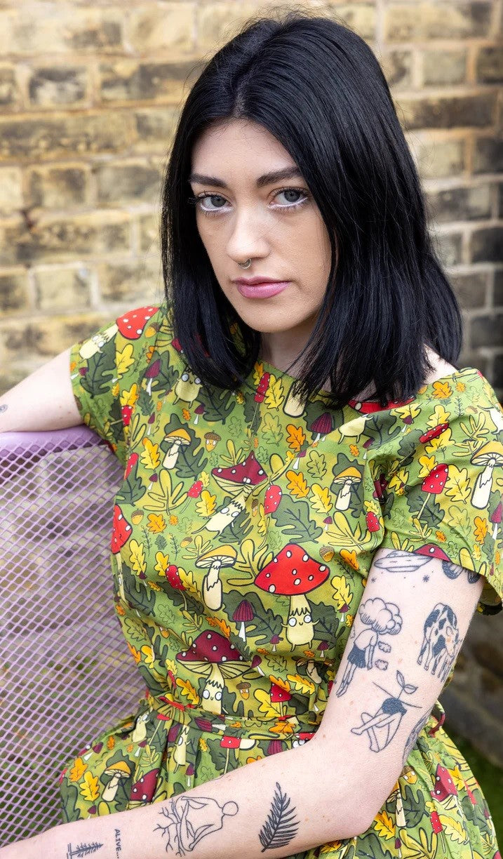 Katie Abey Mushroom Bois Print Cotton Tea Dress with Pockets by Run and Fly