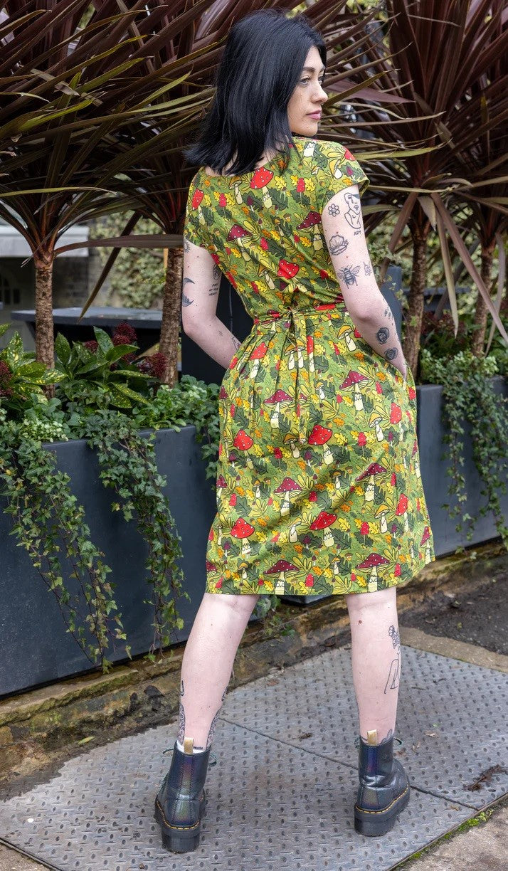 Katie Abey Mushroom Bois Print Cotton Tea Dress with Pockets by Run and Fly