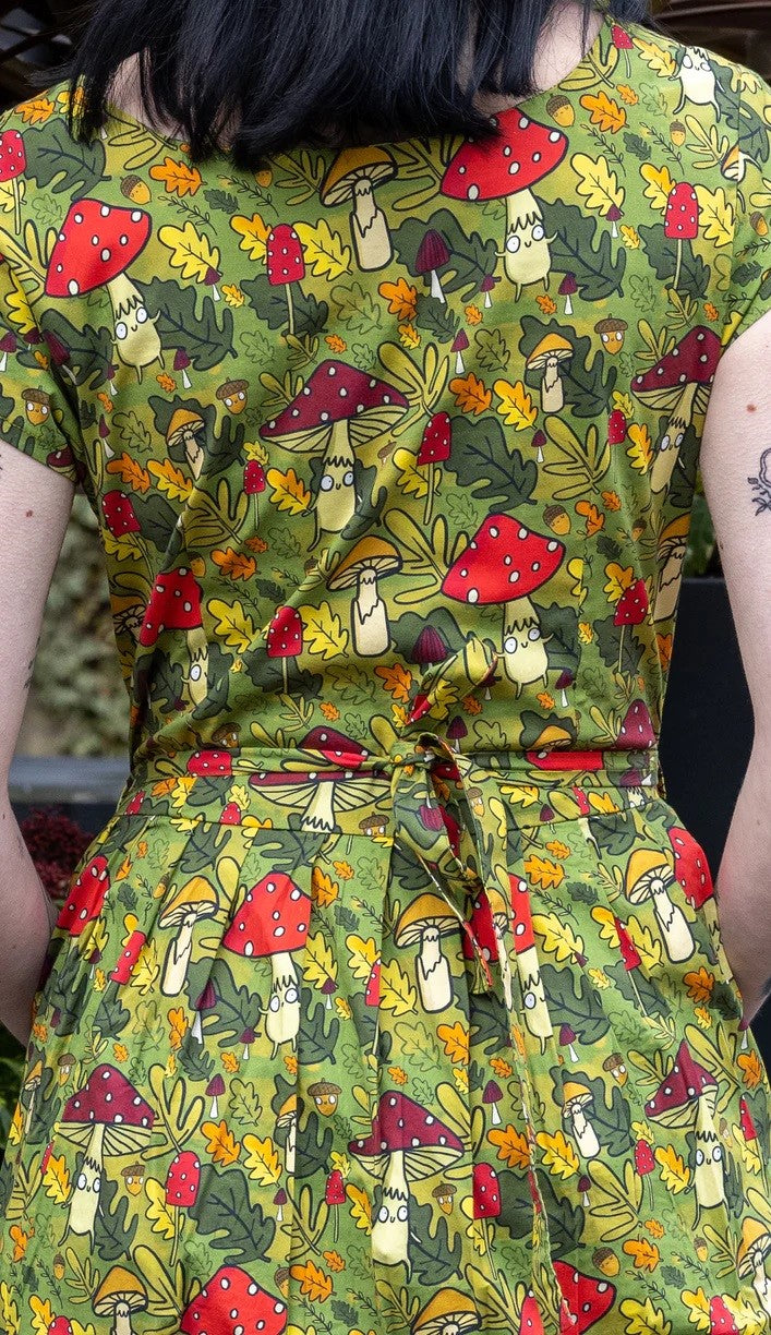 Katie Abey Mushroom Print Cotton Tea Dress with Pockets by Run and Fly