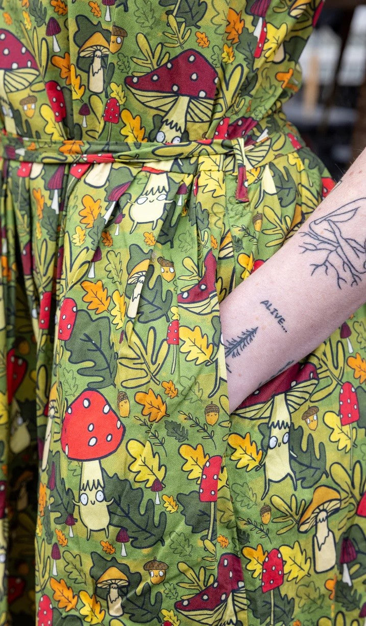 Katie Abey Mushroom Bois Print Cotton Tea Dress with Pockets by Run and Fly