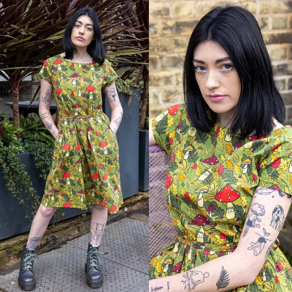 Katie Abey Mushroom Bois Print Cotton Tea Dress with Pockets by Run and Fly