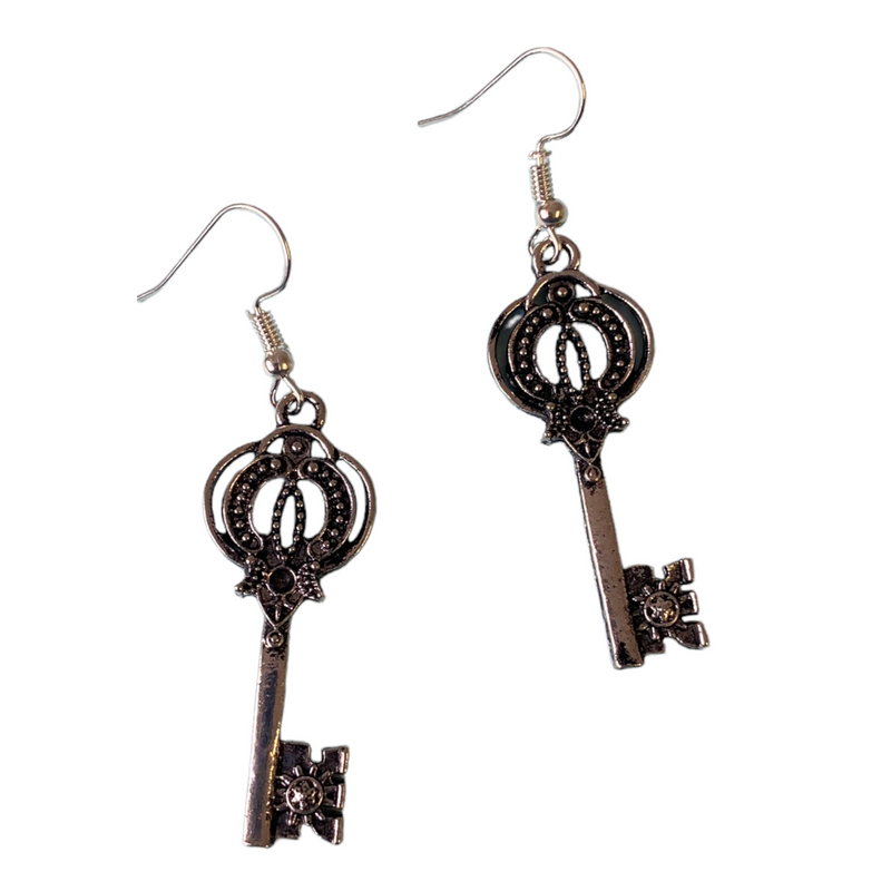 Ornate Silver Key Earrings