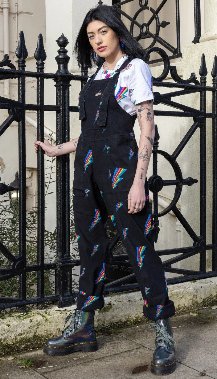 Rainbow Lightning Bolt Print Stretch Twill Cotton Dungarees by Run and Fly