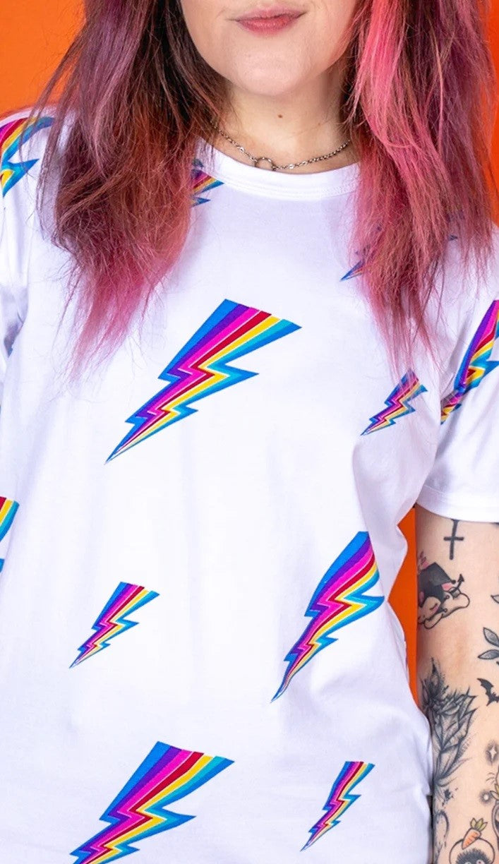 Rainbow Lightning Bolt Print T Shirt by Run and Fly