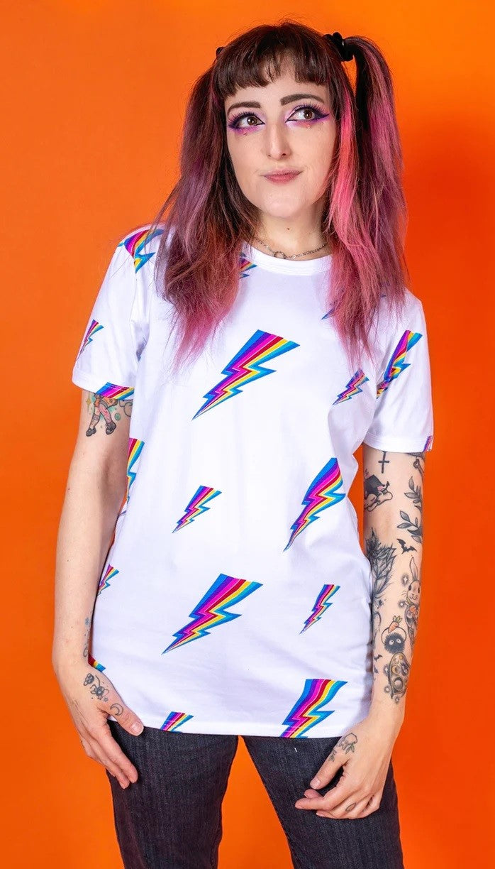 Rainbow Lightning Bolt Print T Shirt by Run and Fly