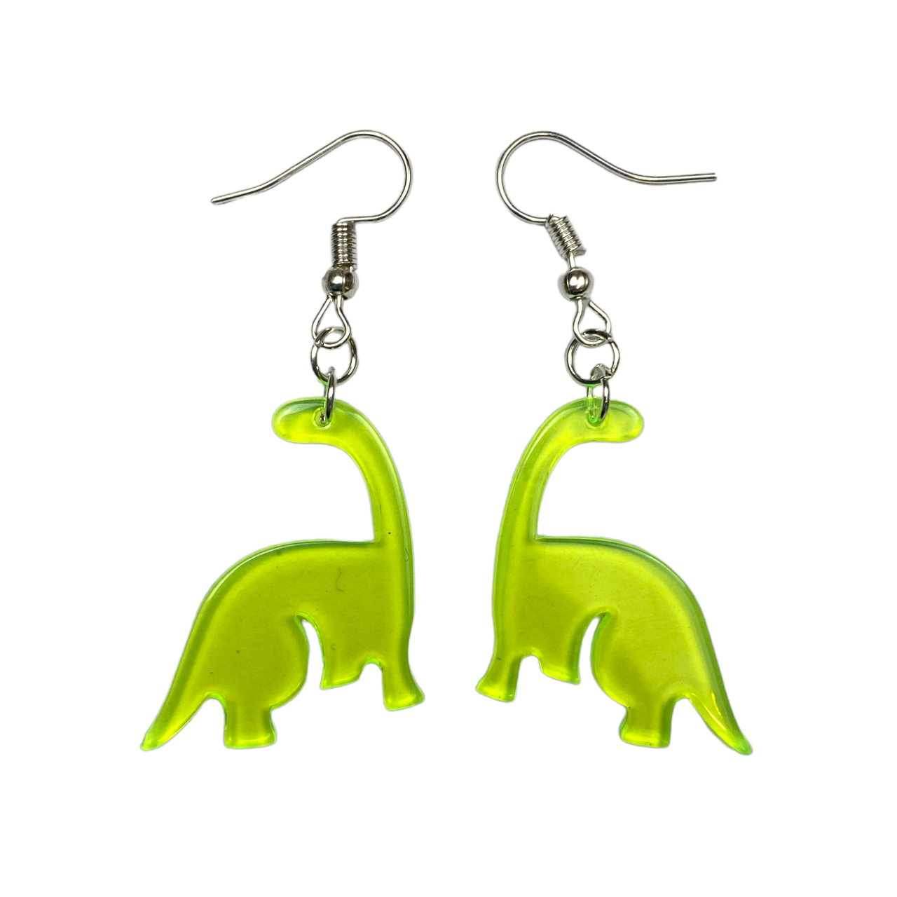Neon Dinosaur Dangle Earrings Diplodocus Silver Plated Kawaii Kitsch Quirky Minimum Mouse