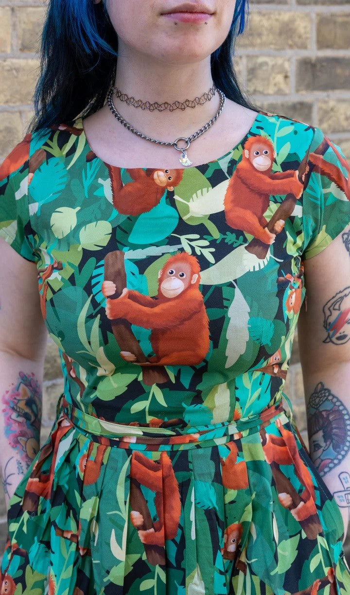 Orangutan Print Cotton Tea Dress with Pockets by Run and Fly