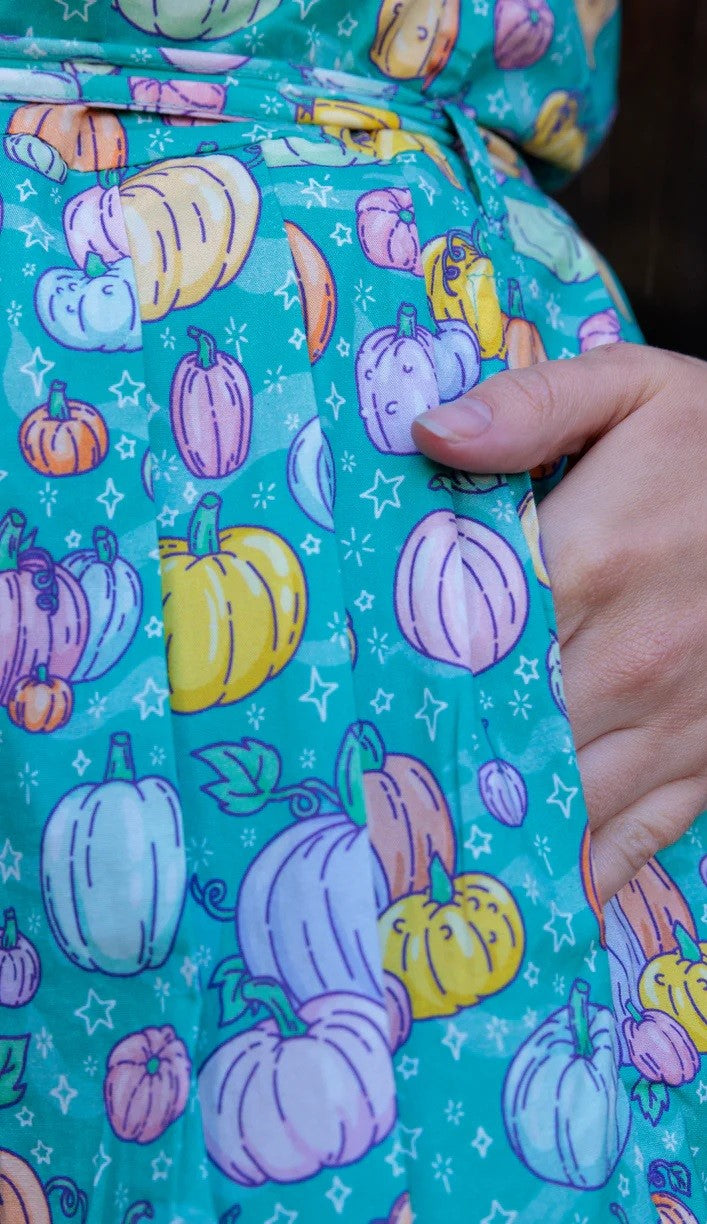 Pumpkin Patch Print Cotton Tea Dress with Pockets by Run and Fly