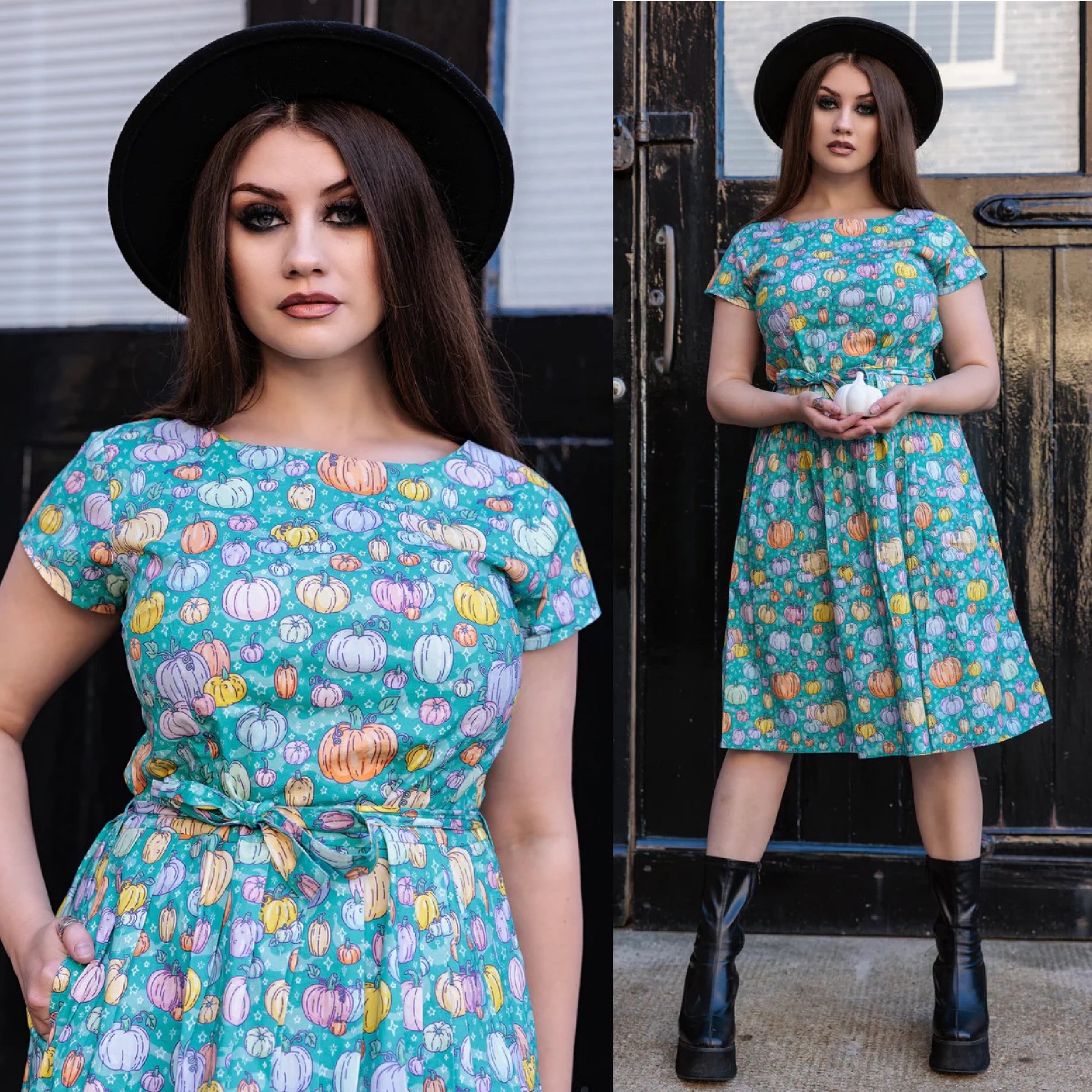 Pumpkin Patch Print Cotton Tea Dress with Pockets by Run and Fly