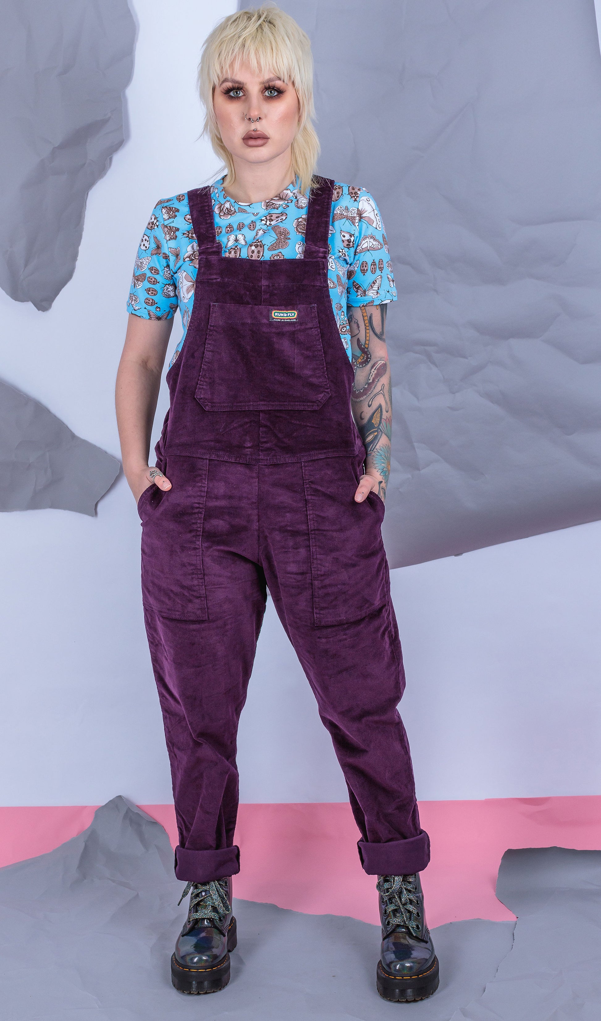 Purple Stretch Corduroy Dungarees by Run and Fly