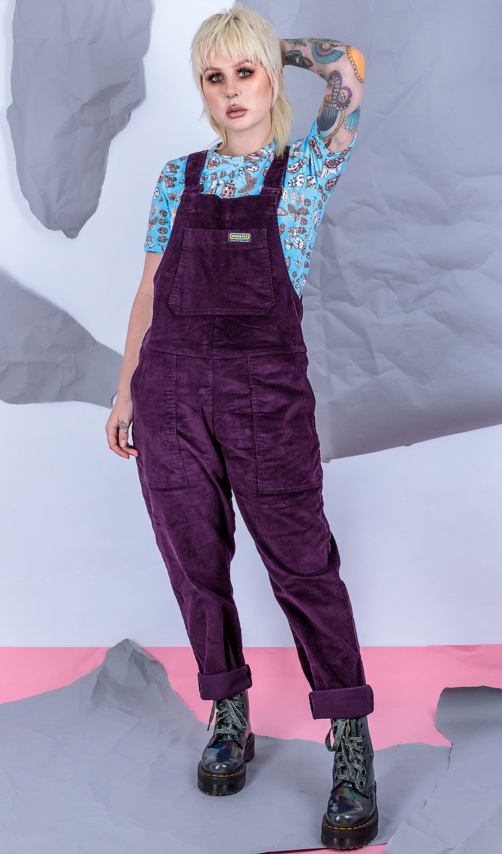 Purple Stretch Corduroy Dungarees by Run and Fly