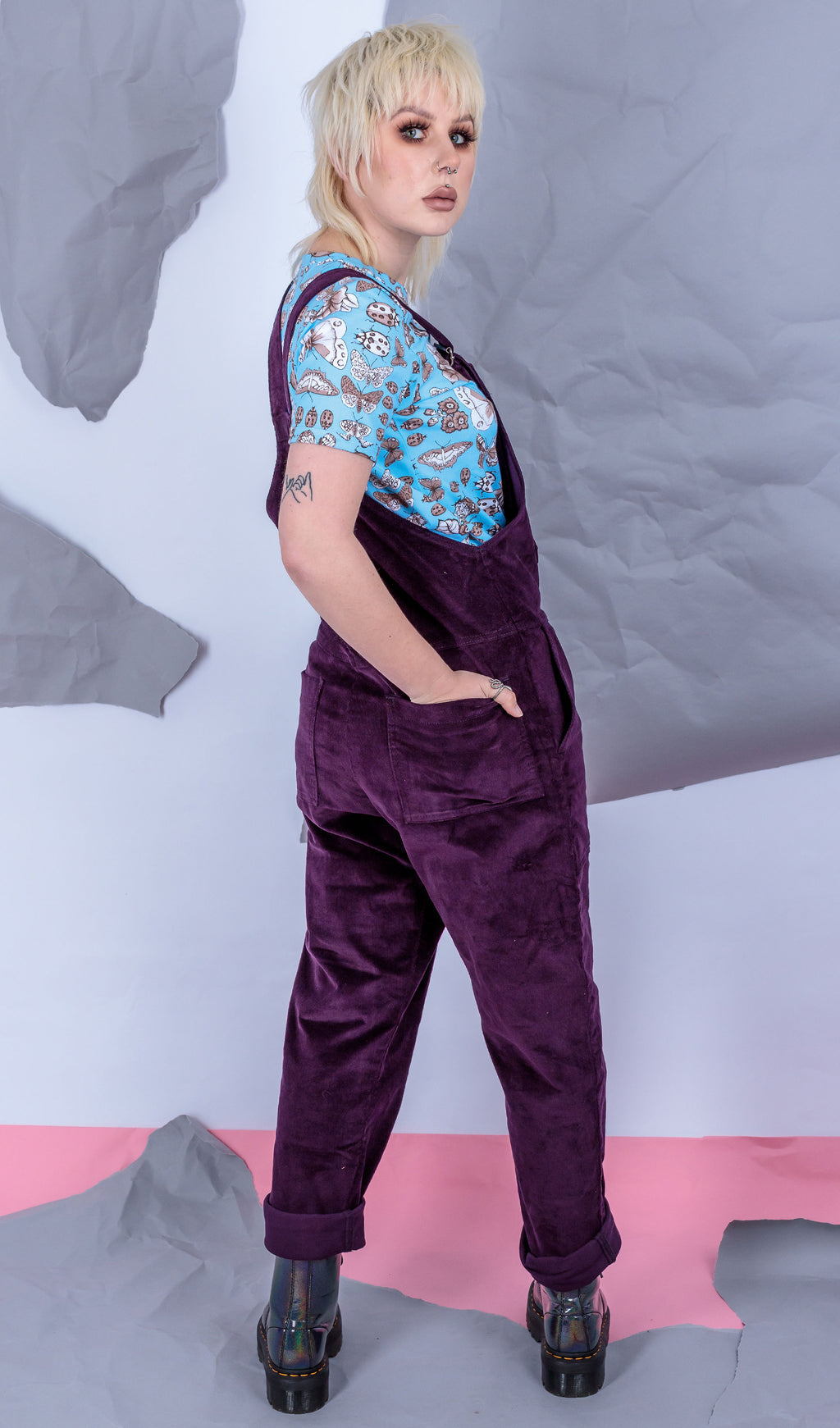 Purple Stretch Corduroy Dungarees by Run and Fly