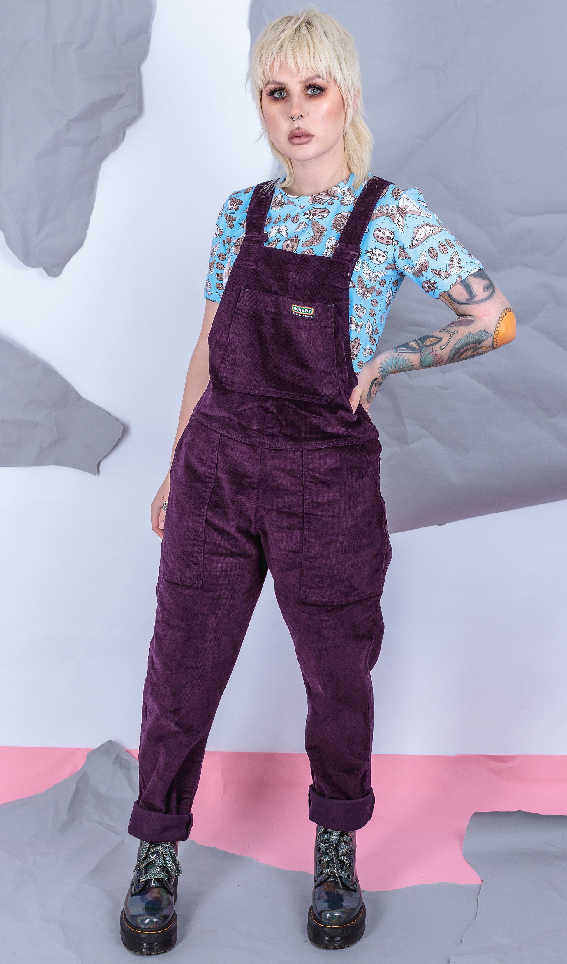 Purple Stretch Corduroy Dungarees by Run and Fly