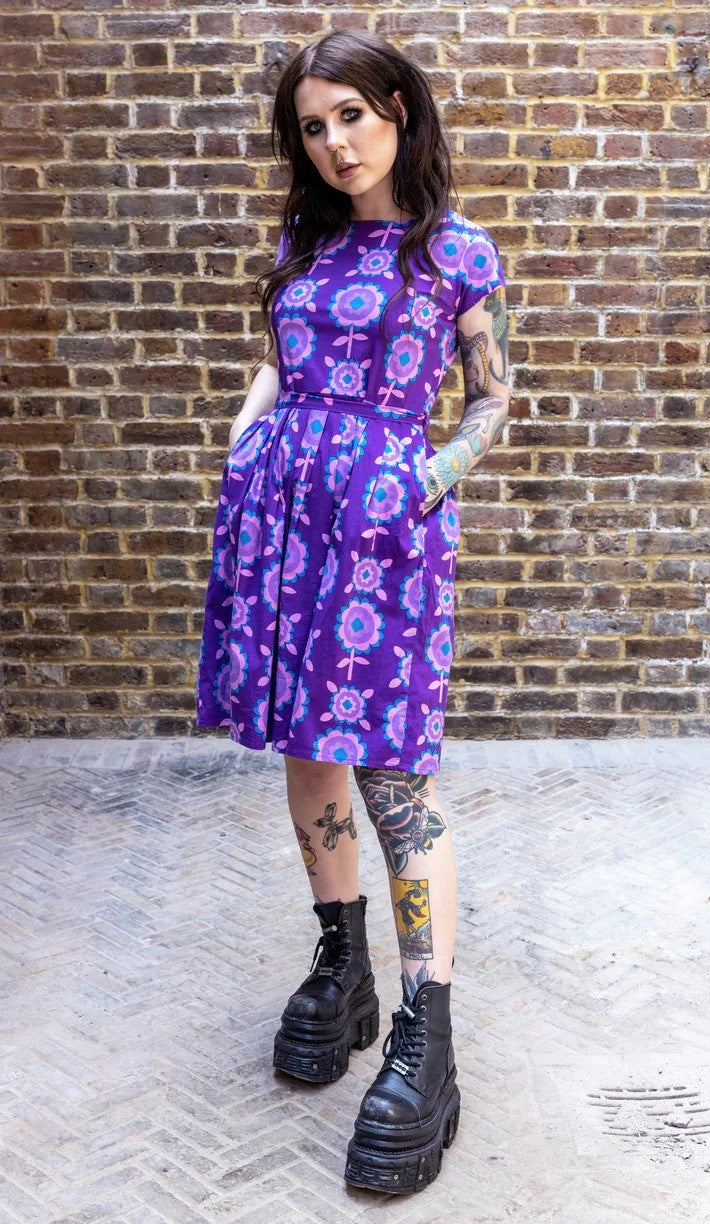 Purple Retro Flowers Print Cotton Tea Dress with Pockets by Run and Fly