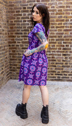 Purple Retro Flowers Print Cotton Tea Dress with Pockets by Run and Fly