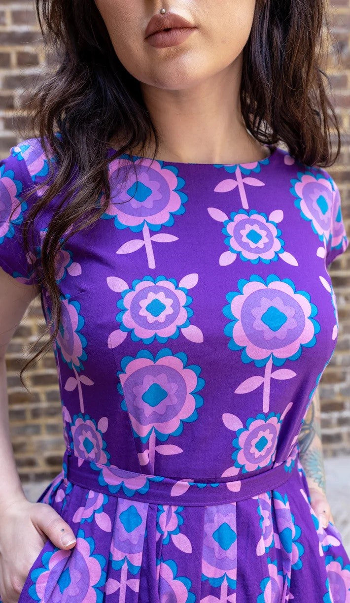 Purple Retro Flowers Print Cotton Tea Dress with Pockets by Run and Fly