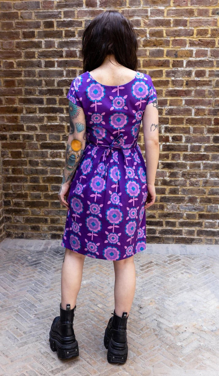 Purple Retro Flowers Print Cotton Tea Dress with Pockets by Run and Fly