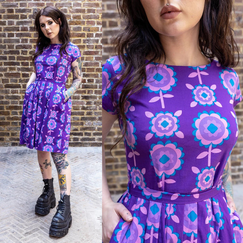 Purple Retro Flowers Print Cotton Tea Dress with Pockets by Run and Fly