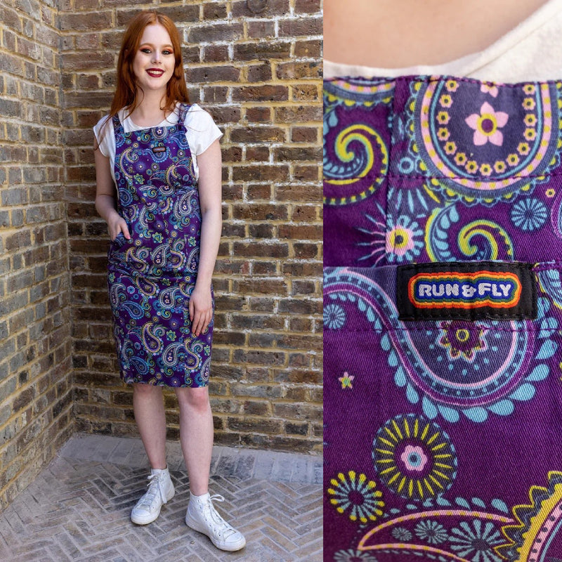 Purple Paisley Longer Length Pinafore Dress by Run and Fly