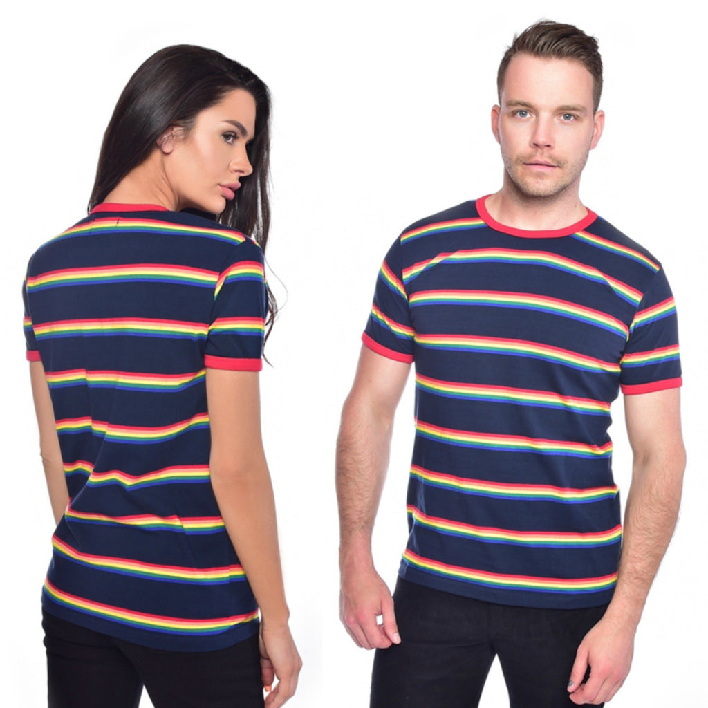 Rainbow Multi Stripe T Shirt by Run and Fly in Navy - Minimum Mouse