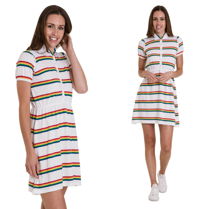 Rainbow Stripe Jersey Dress by Run and Fly in White - Minimum Mouse