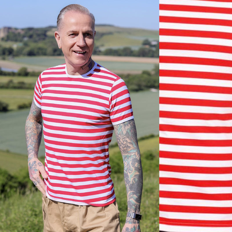 Red and White Stripe Print T Shirt by Run and Fly Short Sleeve - Minimum Mouse