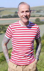 Red and White Stripe Print T Shirt by Run and Fly Short Sleeve - Minimum Mouse