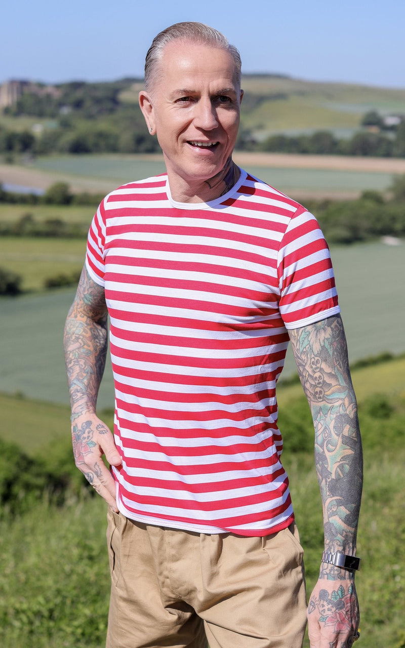 Red and White Stripe Print T Shirt by Run and Fly Short Sleeve - Minimum Mouse