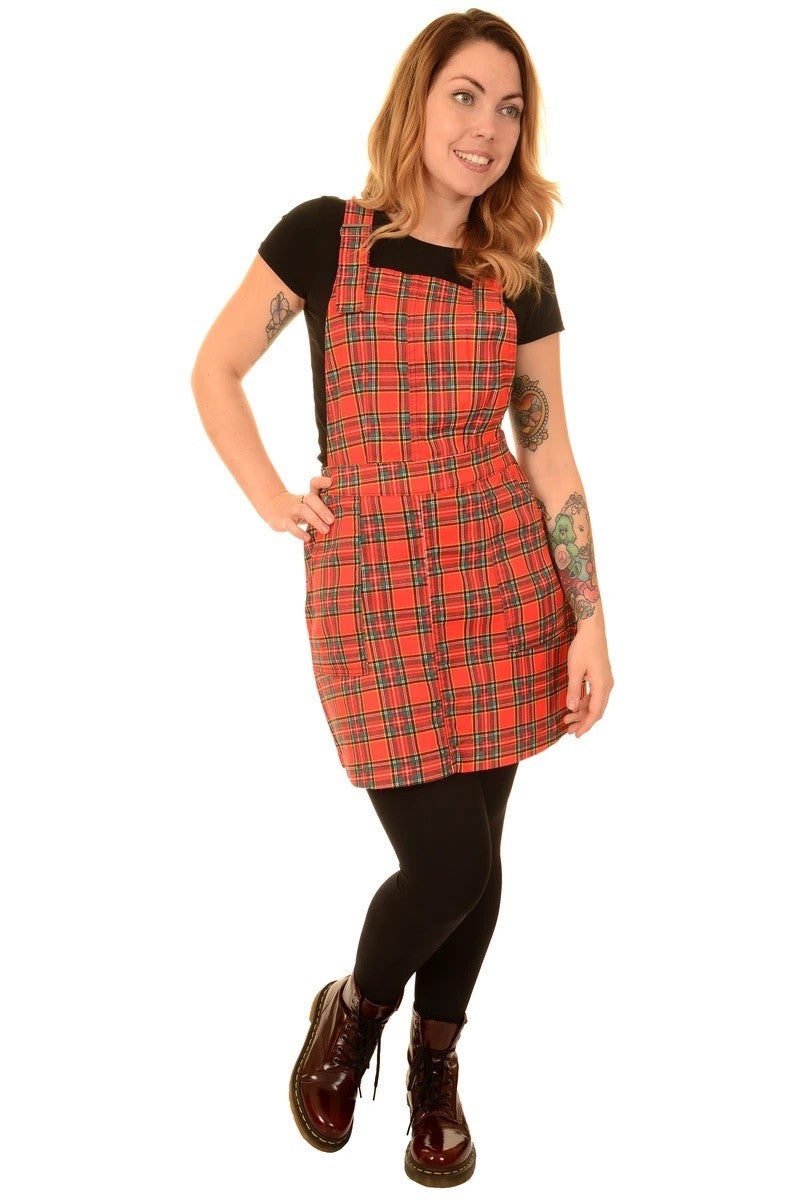 Red Tartan Twill Dungaree Pinafore Dress by Run and Fly - Minimum Mouse
