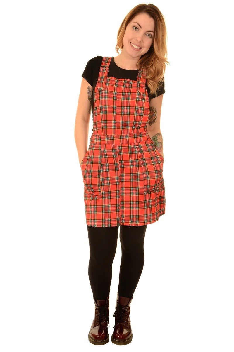 Red Tartan Twill Dungaree Pinafore Dress by Run and Fly - Minimum Mouse