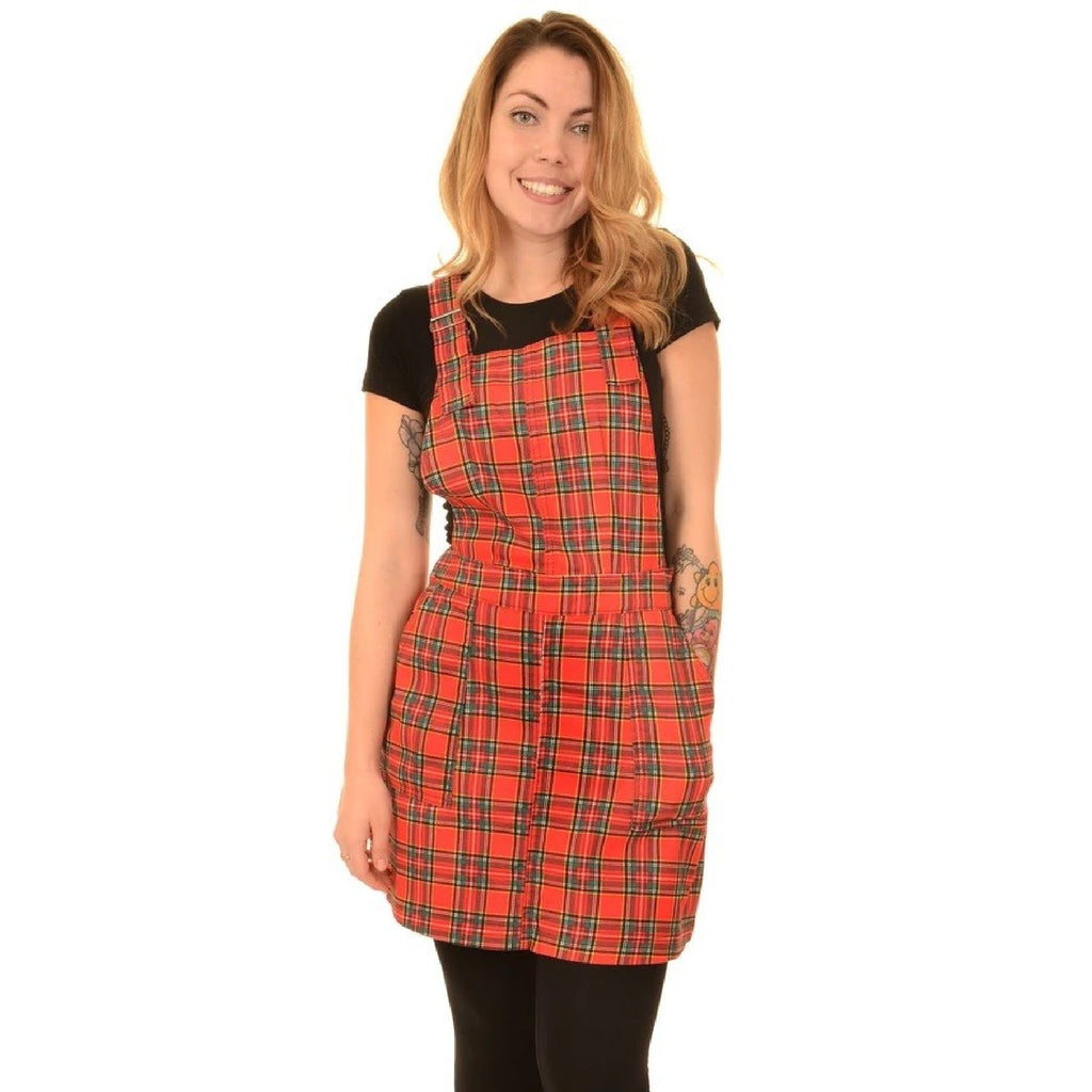 Red Tartan Twill Dungaree Pinafore Dress by Run and Fly - Minimum Mouse
