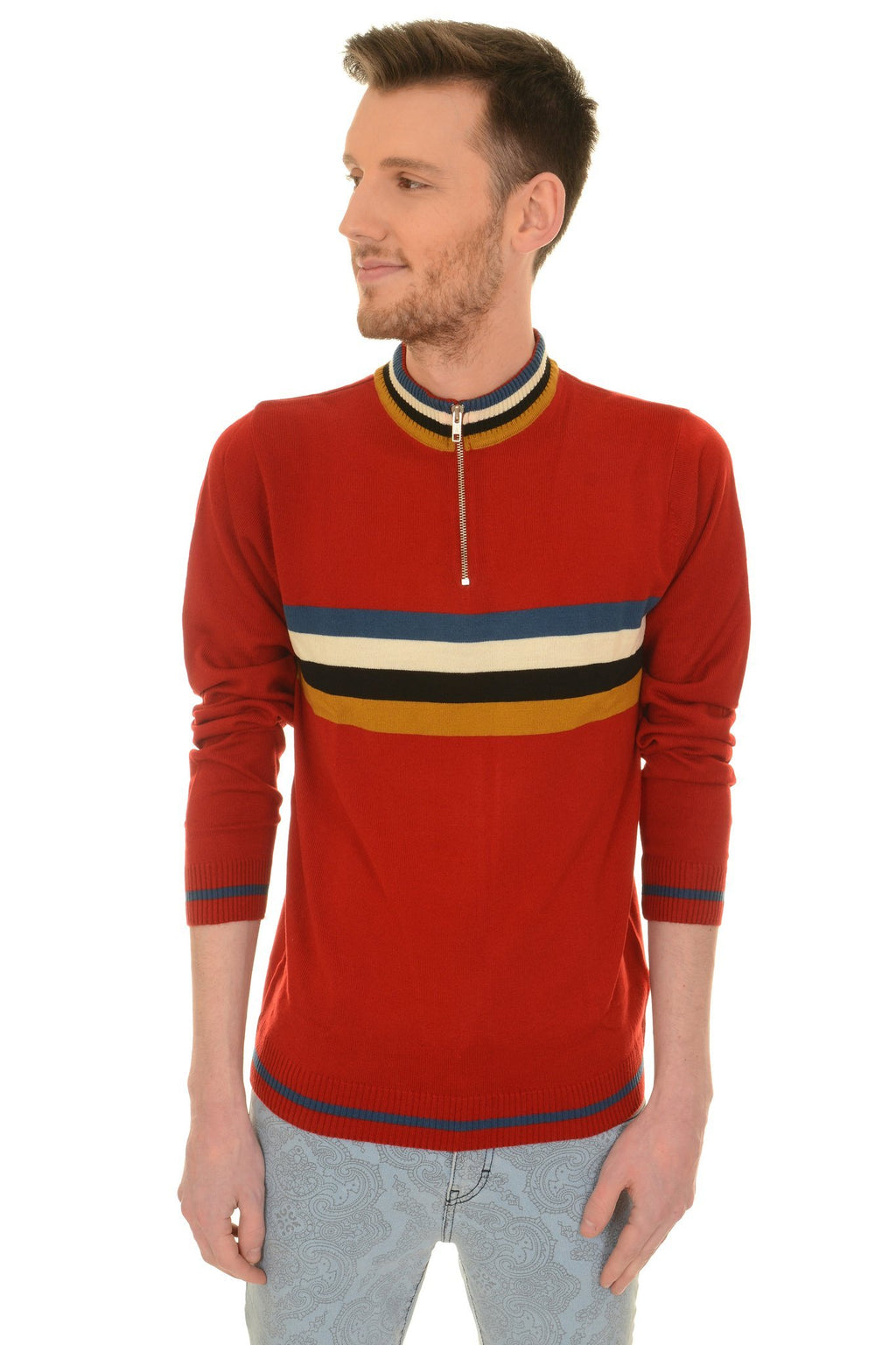 Red Zip Neck Stripe Jumper by Run and Fly - Minimum Mouse