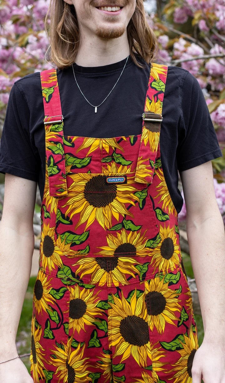 Red Sunflower Print Stretch Twill Cotton Dungarees by Run and Fly
