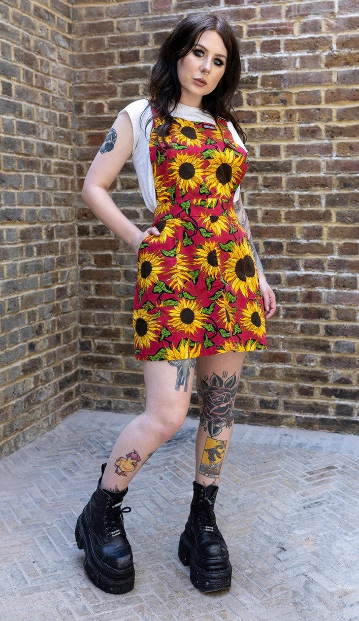 Red Sunflower Print Dungaree Pinafore Dress by Run and Fly