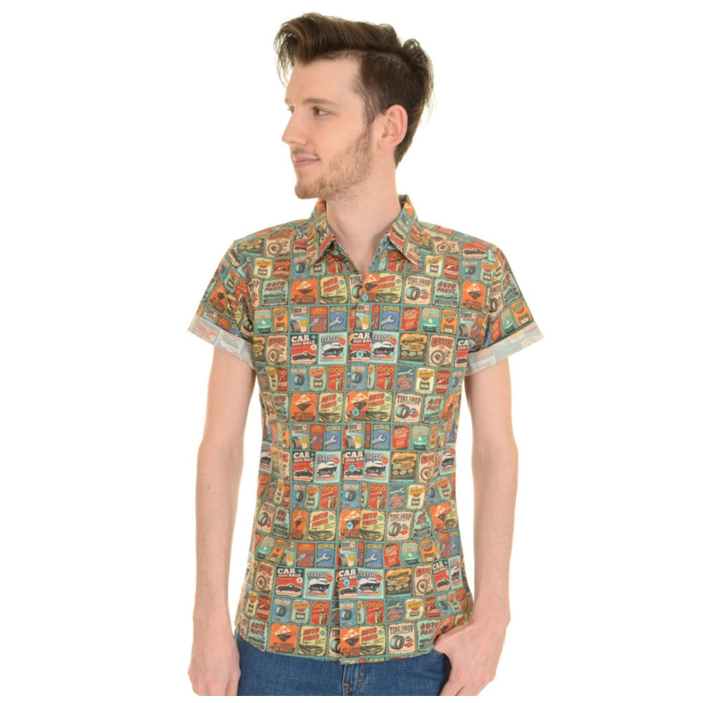 Retro 50s Car Garage Print Shirt by Run and Fly - Minimum Mouse