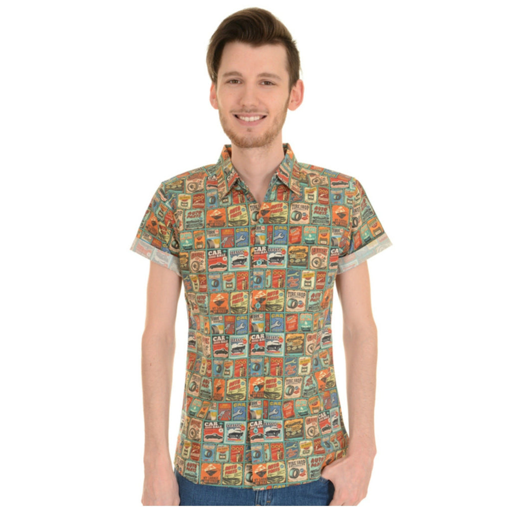 Retro 50s Car Garage Print Shirt by Run and Fly - Minimum Mouse