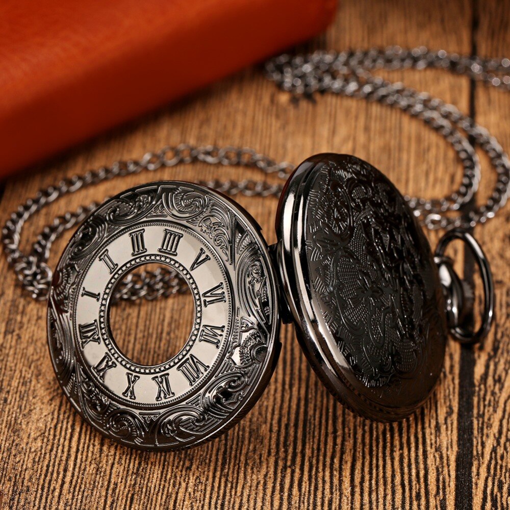 Black Roman Numerals Quartz Pocket Watch