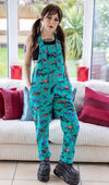 Jade Adventure Dinosaur Print Stretch Twill Dungarees by Run and Fly