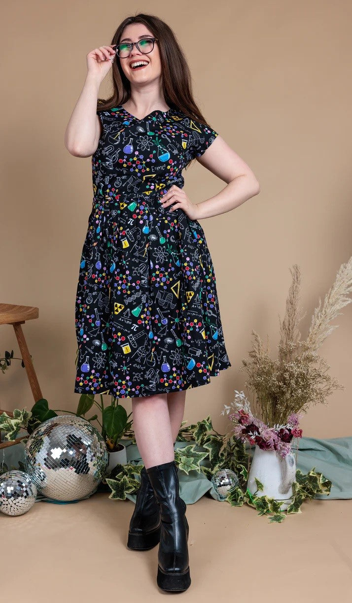 School of Science Print Cotton Tea Dress with Pockets by Run and Fly