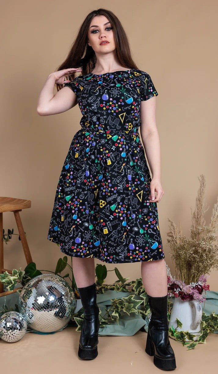 School of Science Print Cotton Tea Dress with Pockets by Run and Fly