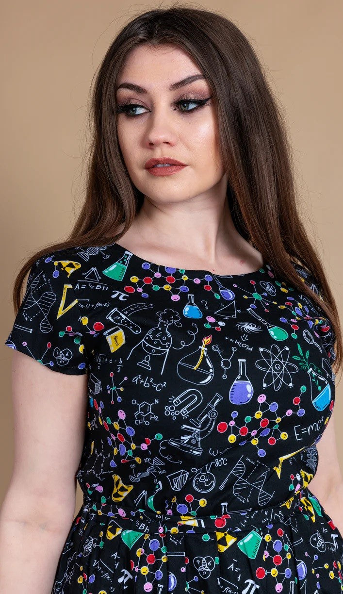 School of Science Print Cotton Tea Dress with Pockets by Run and Fly