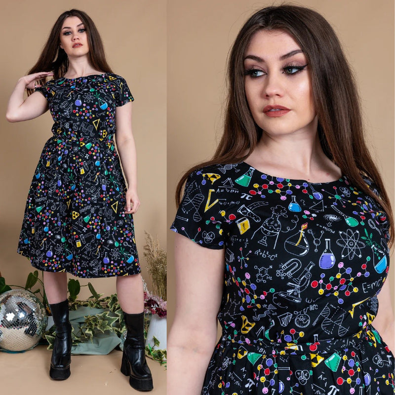 School of Science Print Cotton Tea Dress with Pockets by Run and Fly