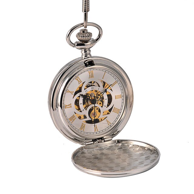 Double Opening Silver Mechanical Hand Wind Pocket Watch