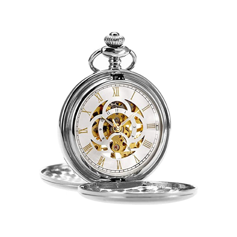 Double Opening Silver Mechanical Hand Wind Pocket Watch