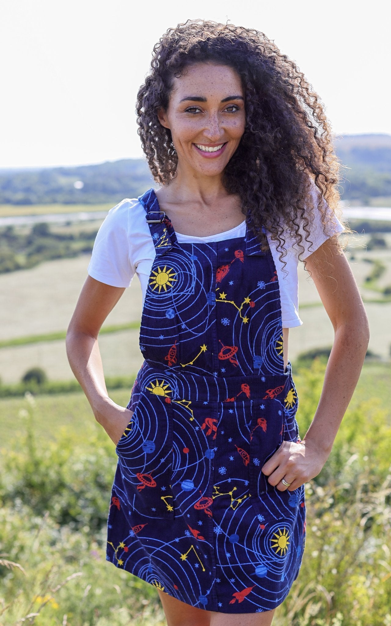 Run and Fly Cord Space Rockets Print Pinafore Dungaree Dress