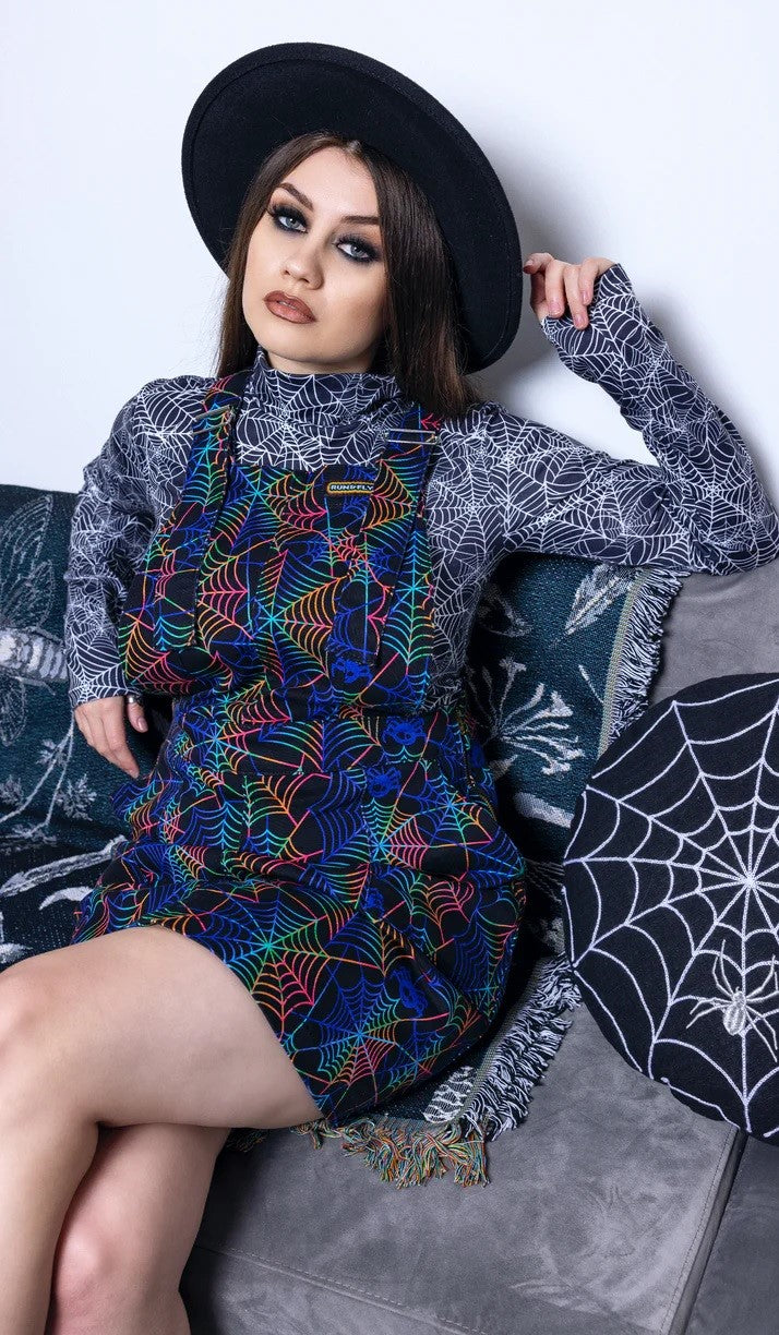 Halloween Rainbow Spiderweb Print Dungaree Pinafore Dress by Run and Fly