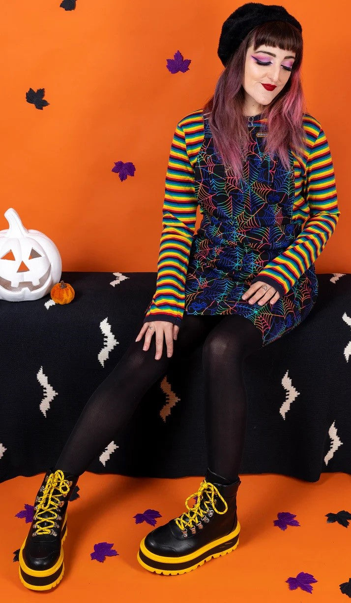 Halloween Rainbow Spiderweb Print Dungaree Pinafore Dress by Run and Fly