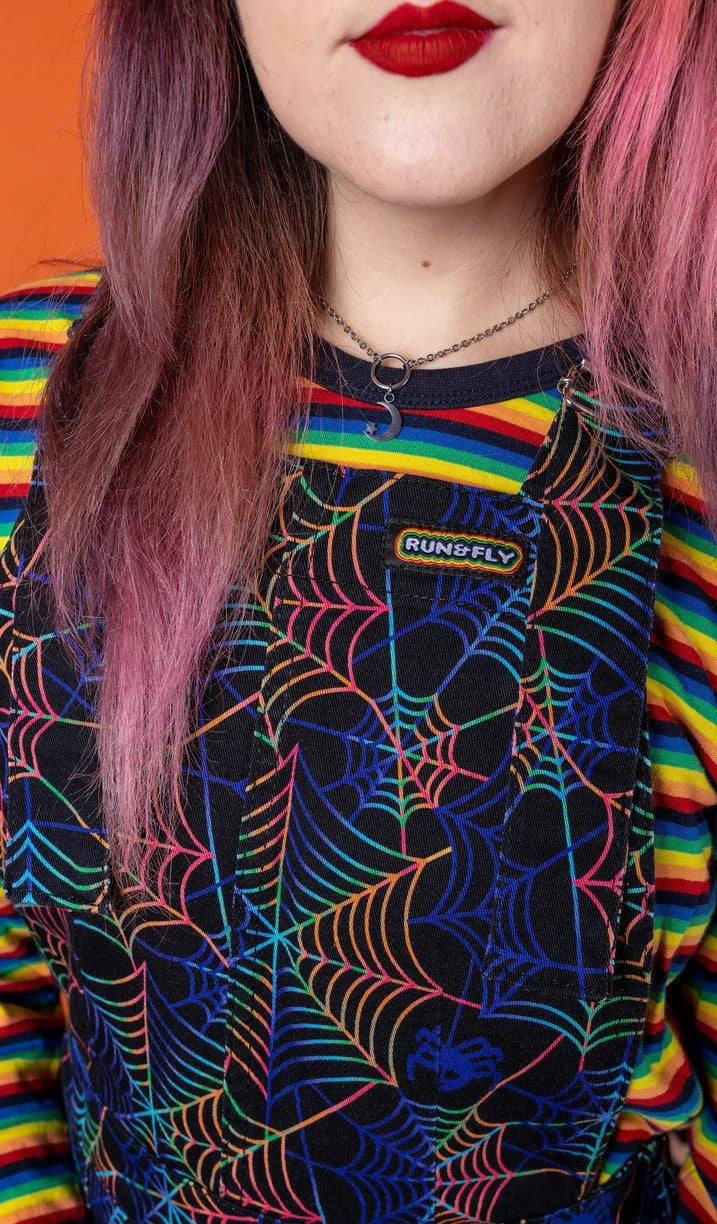 Halloween Rainbow Spiderweb Print Dungaree Pinafore Dress by Run and Fly
