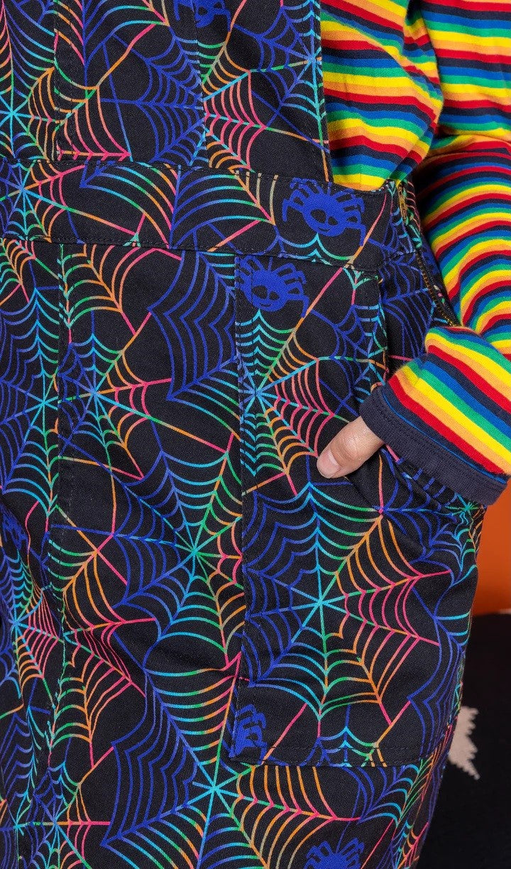 Halloween Rainbow Spiderweb Print Dungaree Pinafore Dress by Run and Fly