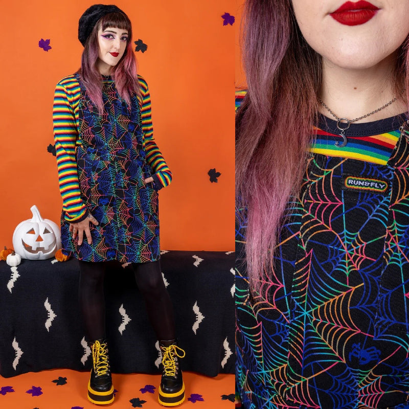 Halloween Rainbow Spiderweb Print Dungaree Pinafore Dress by Run and Fly